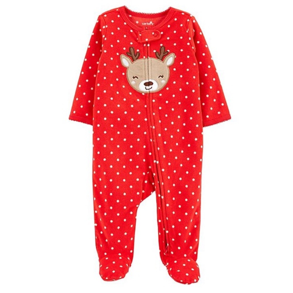CARTERS Reindeer Dot Fleece Zip-Up Sleep & Play Footed Pajama in Red (6 month)